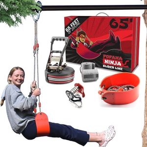 Ninja Slider Zip Lines for Kids and Adults Outdoor - 65 Ft Slackline Zipline Kits for Backyard - Obstacle Course - Zipline for Backyard - Ninja Warrior Accessory - Outdoor Toy - Fofana