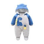 Baby Snowsuit Boys Girls Winter Romper Cotton Jumpsuit Detachable Hooded Footies Outfits Warm Long Sleeve Cartoon Dinosaur Newborn Gift for 9-12 Months Blue