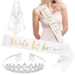 Poloyo Bride to Be Bachelorette Party Decorations Kit White Gold Glitter Sash,Veil , Rhinestone Tiara Bridal Shower Supplies| Wedding Engagement Party Favors Gift