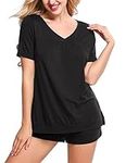 Ekouaer Women's Pyjama Sets V Neck Soft Loungewear Summer Pjs Set Short Sleeve Sleepwear with Pockets & Drawstring, Black, M