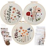 Uphome 3 Pack Embroidery Starter Kit for Beginners Stamped Cross Stitch Kits with Cute Flowers and Plants Patterns with Embroidery Hoops and Color Threads for Adults Kids