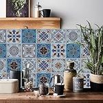 KAIRNE Blue Moroccan Stick on Tiles Stickers,Kitchen Backsplash Adhesive Wall Tiles,Floor Stairs Decal Stickers,Mosaic Bathroom Plastic Tiles,Peel and Stick Ceramic Vinyl Wall Tiles,18 pcs