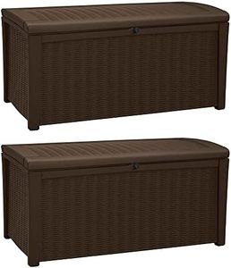 Keter 2-Pack Borneo 110 Gallon Deck Box Organizer, Doubles as 2-Person Bench Seat, Brown – Large Resin Outdoor Storage and Seating with Lockable Lid for Garden, Pool, and Patio