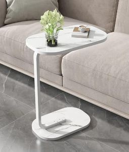 Owme Adjustable Table Stands Couch Side Table, Swivel TV Tray Table, 360° Top Moving C-Shaped End Table, Small Center Table for Home Office Balcony | Storage Organizer (White, Rectangular)