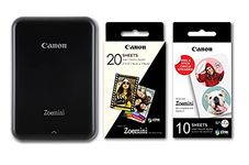 Canon Zoemini Instant Mini Photo Printer (Black) + pack of 20 sheets + pack of 10 circle stickers