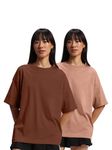 JUNEBERRY® Pure Cotton Drop Shoulder Oversized Baggy Fit Half Sleeve Plain Solid Round Neck Multicolor T-Shirt for Women & Girls (Pack of 2) (PO2_OS_JB_BR_CR_S)