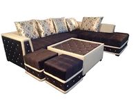 Quality Assure Furniture H-L Shape Sectional 5- to 6-Person Sofa Set With Center Table And 2 Puffy (Wood & Fabric, Brown)