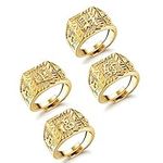 JeryWe 4 Pcs Men's Gold Plated Ring Adjustable Signet Ring Open Thumb Finger Ring Wedding Ring Kanji Ring Rich/Luck/Wealth Ring Set,Gold Bless All