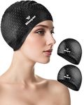 Winsyne 2 Pack Unisex Silicone Swimming Cap for Women Men, Large Size Swim Cap for Long Hair/Braids to Keep Hair Dry, Waterproof Bathing Swimming Hat with Ear Plugs & Nose Clip Set(Black&Black)