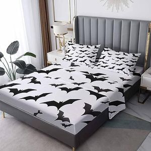 GEDAEUBA Bat Sheets King Size - Halloween Bed Sheets for Kids Boys Girls, Black and White Sheet Set, Soft Microfiber & Deep Pocket & Wrinkle Free Fitted Sheet, Flat Sheet and Pillow Cases