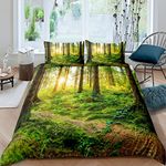 Woodland Bedding Set forest Springtime Freshness Theme Duvet Cover Set for Kids Boys Girls Foliage Sunbeams Sunrise Comforter Cover Nature Quilt Cover Decor Bedroom Collection 3Pcs Double Size