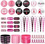 Whaline 84Pcs Breast Cancer Awareness Gifts Set Include Pink Ribbon Lanyard Pins Silicone Bracelets Tattoo Stickers Buttons Badges for Breast Cancer Charity Event Survivor Campaign Party Supplies, Silicone Paper Stainless Steel, no gemstone