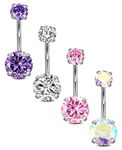 VCMART 4pcs Belly Bars Pack 6/8/10/12mm Navel Button Rings Set Stainless Steel 14G Piercing Jewellery CZ