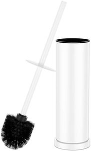 White Toilet Brush and Holder Set，Stainless Steel Heavy Duty Toilet Bowl Brush，Extra Long Handled Modern Toilet Cleaner Brush with Replaceable Head, Removable Inner Bowl, and Splash Protection