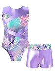 Hansber Kids Girls 2 Piece Gymnastics Dance Outfits Sleeveless Leotard with Metallic Shorts Sets Dancewear C Lavender 8 Years