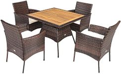 DORTALA 5-Piece Patio Dining Set, Acacia Wood & Rattan Furniture Set with Umbrella Hole Table, 4 Cushioned Armrest Chairs, Wicker Conversation Set for Backyard Garden Porch