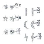 Silver Stud Earrings for Women, 6 Pairs 925 Sterling Silver Small Stud Earrings Lightening Moon Heart Flower Bar Studs Earrings Set Cubic Zirconia Studs Jewelry Gift for Teens Girls