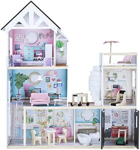 Olivia's Little World by Teamson Kids Large Dreamland Mansion Wooden Dolls House 3-Floors & 18 Accessories, Interactive Dollhouse with Lift & Garage TD-13500C