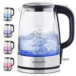 ZenCore Electric Kettle 1.7L Glass Electric Tea Kettle, 1500W Fast Hot Water Boiler with LED Indicator for Home Kitchen, Cordless BPA Free, 304 Stainless Steel Auto Shutoff and Boil-Dry Protection