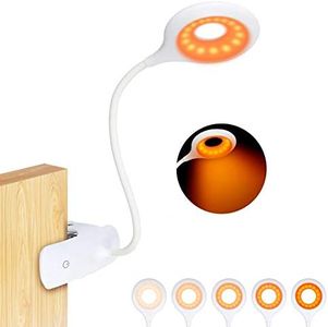 Clip-on Reading Light for Bed - Amber Book Light at Night Rechargeable 5 Brightness Desk Light Clamp Lamp, Touch Control Dimmable Lamp with Flexible Neck, Gentle Night Light (White)