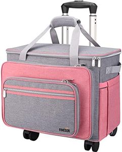 FINESUN Sewing Machine Case with Wheels, Foldable Deluxe Rolling Sewing Machine Carrying Bag for Brother, Singer, Bernina and Most Machines,pink-grey