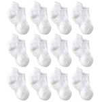 LA Active Baby Toddler Grip Ankle Socks - 12 Pairs - Non Slip/Skid Covered (White, 6-12 Months)