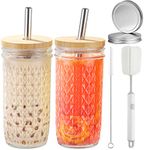 2-Pack 24oz Glass Cups Tumbler with Lids and Straws, Reusable Boba Bubble Tea Cups, Mason Jar Drinking Glasses Iced Coffee Cup for Long Drinks, Water, Cocktail, Whiskey, Soda, Gift