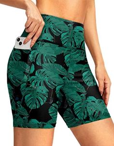 G Gradual Women's 6" High Waisted Swim Board Shorts Tummy Control Quick Dry Bathing Bottoms for Women with Panty Pockets, Leaf, X-Small