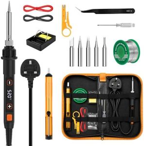 Soldering Iron Kit 80W LCD Adjustable Temperature 180-520°C 15 in 1 Electric Welding Tool with Switch, 50g Solder Wire, 5 Soldering Tips, Desoldering Pump, Wire Strippers, Stand, Tweezers, Tool Case