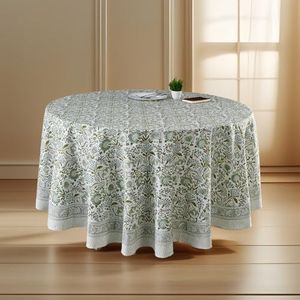 CPC Round Tablecloth- Cotton Indian Block Print Tablecloth -Handmade Printed Washable Cotton Table Cloth - Thanksgiving, Christmas Table Cover - Agate Green 132 Inch