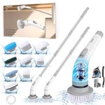 LENDAWAY 2024 New 9-in-1 Multi-Purpose Electric Spin Scrubber,2 Speeds,Long Handle,Replaceable Brush Heads,for Cleaning Floors, Windows, Bathtubs, Grout, Tiles, Sink, Car (Greywhite)