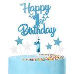 mciskin Happy 1st Birthday Candles Cake Toppers Set, Blue Number 1 Candle for Cake, Birthday Candles Cake Toppers for Girls Boys Birthday Decorations, Blue Silver Star Cake Toppers for Birthday Cake