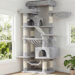 Heybly Cat Tree, 180 cm-Tall Tower for Indoor Cats with 2 Perches, 2 Big Condos, 2 Hammocks, Basket, Scratching Pad, Large Cat Furniture and Condo, Light Grey HCT034W
