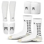 MediCaptain Soccer Grip Socks, Shin Guards, Pre-Cut Sock Sleeves, and Guard Straps Bundle Pack - Essential Equipment for Soccer Players - for Mens, Women with Size 8 to 12 US Men Shoe Size (White)