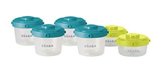 BÉABA - Set of 6 Baby Food Storage Container - Stackable and Clippable pots - 100 Percent Airtight with Measurement indication - Freezer Safe - 2 x 60 ml + 4 x 120 ml - Blue/Yellow