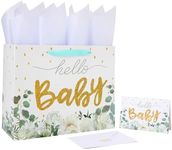 13" Large White Gift Bag Set with Greeting Card and Tissue Papers (Gold Glitter ‘Baby’) for Girls' Birthday Party, Women's Birthday Parties, Baby Shower, Baby Girl or Boy - 13”x5.2”x10.2”, 1 Pcs.