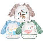 Vicloon Baby Bibs with Sleeves, 3 Pcs Long Sleeve Waterproof Bibs, Unisex Feeding Bibs with Large Pocket, Bibs Apron Lovely Cute Cartoon Bibs for Infant Toddler 6 Months to 24 Months