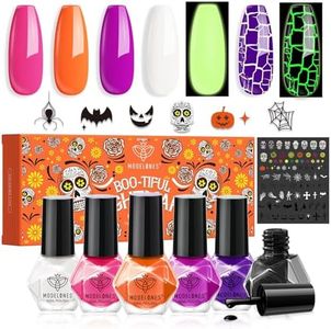 Modelones Halloween Nail Polish Set 6 Colors, Boo-tiful Nightmare Collection with Stickers, Glow in the Dark White Crackle Black Purple Orange Hot Pink Quick Dry Nail Art Kit, For Women