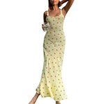 wdehow Women Y2k Floral Print Bodycon Maxi Dress Spaghetti Strap Sleeveless Backless Slim Fit Long Sundresses Club Party Dress Summer Streetwear (Yellow-A, X-Large)