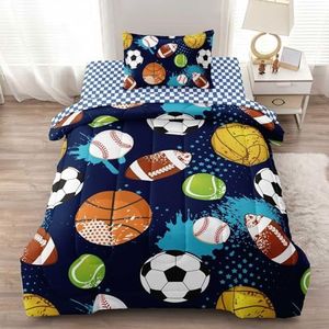 Leaflin Kids Boys Comforter Set Twin Bed in a Bag w/Sheet Sets, Blue Twin Bedding Sets for Teens Soccer Basketball Baseball Football Sports Themed Bedroom Decor Reversible Design