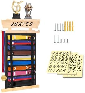 JUXYES Wall Hanging Martial Arts Belts Organizer with Trophy and Medal Display Rack, Bamboo Karate Belt Display Holder Rack, Wall Mounted Taekwondo Belt Display Holder for Martial Arts Learners