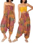 likemary Harem Pants Women - Boho Pants Pull Up into Jumpsuit with Pockets - 2-in-1 Hippie Pants and Romper Jumper Outfit - Genie Pants Peacock Print Fuchsia Pink