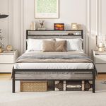 BOFENG Full Bed Frame with Storage Headboard,Power Outlets and Charging Station,Heavy Duty Metal Platform Double Bed Frame Full Size No Box Spring Needed,Strong Steel Slat Support,Noise Free