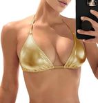 JuicyRose Women's Metallic Bikini Top - Halter Shiny Triangle Bralette Rave Tops Tie Side Swimsuit Bra, Gold, Small