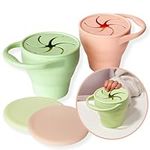 2 Pack, Snack Cup for Toddlers, Baby Snack Cup Collapsible Food-Grade Silicone Snack Container for Kids with Silicone Snack Catcher Lids Spill Proof Design (Olive, Peach)