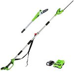 Greenworks G24PSHK2 Cordless 2-in-1 Pole Saw and Pole, Pole Saw 20cm Bar, Pole Hedge Trimmer with Shoulder Strap 51cm Dual Action Blades, 24V 2Ah Battery & Charger, 3 Year Guarantee