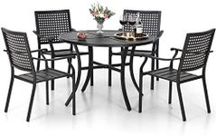 MFSTUDIO 5 Pieces Metal Patio Dining Set, 42" Round Iron Table with 1.57"-1.9" Adjustable Umbrella Hole and 4 Stackable Outdoor Metal Mesh Chairs