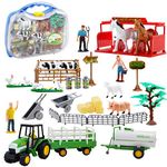 deAO 31 Piece Portable Farmyard Play Set with Farm Tractor Trailer Trucks, Variety of Animal Figures, Farmer and Accessories - Gift Pack for Children