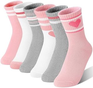 SAVALOS Kids Girls Socks Athletic Basketball Sport Youth Crew Cotton Gift Socks 6 Pairs Stocking Stuffers(Pink/Grey/White,3-5T)