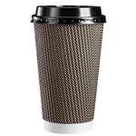 [50 Sets - 16 oz.] Insulated Brown Patterned Ripple Paper Hot Coffee Cups with Lids (Lids Color May Vary)